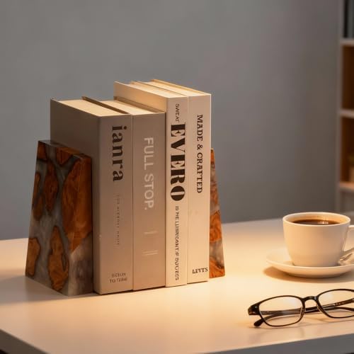 Resin Bookends Large Heavy Duty Bookends for Shelves, Unique Burl Wood Figure Book Ends for Study Office, Fancy Modern Decorative Book Supports for Bookshelf Organization (Pearlescent White) - Image 2