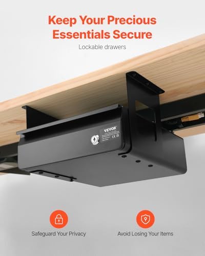 VEVOR Under Desk Lockable Slide Out Drawer, 13 inch Under Desk Pull-out Drawer for Sit Stand Workstation, Secure Under Counter Drawers for Home Office Storage Organizer, Black - Image 3