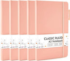 feela 5 Pack Notebooks Journals Bulk, Hardcover Classic Ruled Lined Journals with Pen Holder for Women Girls School Business Supplies, with 5 Black Pens, 120 GSM, 5.1”x8.3”, A5, Light Coral by feela
