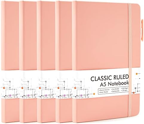feela 5 Pack Notebooks Journals Bulk, Hardcover Classic Ruled Lined Journals with Pen Holder for Women Girls School Business Supplies, with 5 Black Pens, 120 GSM, 5.1”x8.3”, A5, Light Coral by feela