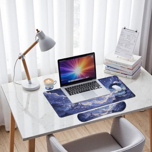 Moonlit Castle Desk Mat Set Dream Night Sky Large Mouse Pad with Wrist Rest 4in1 Desk Mat for Desktop Ergonomic Computer Desk Arm Wrist Anti-Slip Computer Ergonomic Mouse Pad Home Office Gaming - Image 7