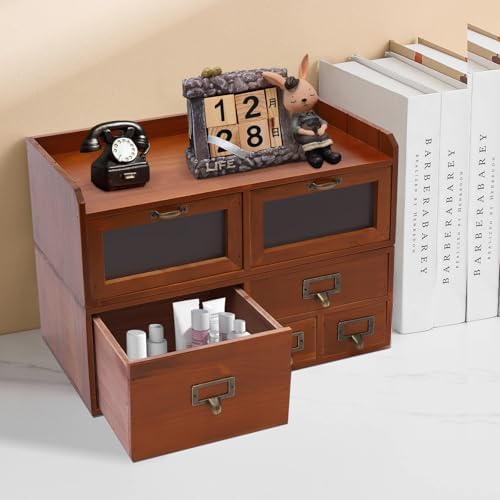 6-Drawer Desktop Organizing Cabinet, Office Supplies Organizer Chest, Vintage Countertop Storage Cabinet, Classic Wood Drawers for Home Office (6 Drawers) - Image 7