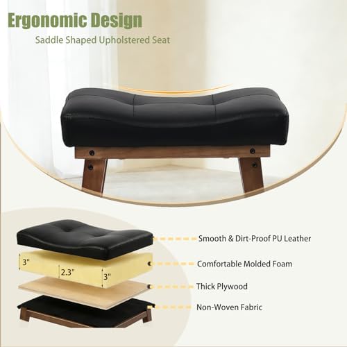 Vanity Stool with Wood Legs, Wooden Makeup Stool Chairs, Small Faux Leather Vanity Bench, Modern Square Makeup Bench Chair for Vanity, Living Room, Under Desk Foot Stool, Black - Image 3