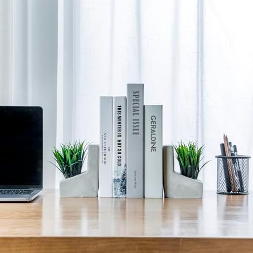 MyGift Decorative Bookends, Heavy Duty Book Ends with Artificial Green Grass Plants, Book Stands for Office Desktop, Bookshelf, Modern Gray Concrete L-Shaped - Image 3