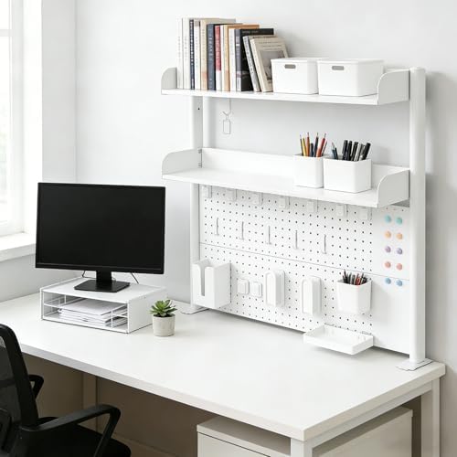 Clamp-On Desk Hutch with Pegboard, 39.5 x37.5in 2-Tier Desktop Organizer Shelf, Carbon Steel Frame with 2 Shelves and Pegboard Storage, for Office, Dorm, Study - Image 6