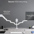 VIVO 17 to 32 inch Triple Pneumatic Monitor Mount, 2 Pneumatic Arms, 1 Fixed, Adjustable Swivel, Rotation, Heavy Duty VESA Desk Stand with C-clamp, Max VESA 100x100, White, STAND-V300GW - Image 5