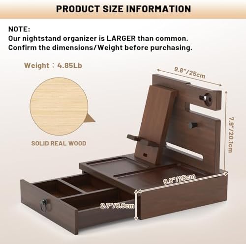 Wood Phone Docking Station, Nightstand Organizer with Drawer - Image 2