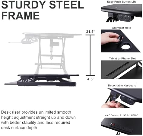 Rocelco 37.4" Electric Standing Desk Converter with AC USB Charger - Motorized Height Adjustable Sit Stand Up Dual Monitor Riser - Tabletop Computer Workstation - Large Keyboard Tray - Black (R EDRB2) - Image 2