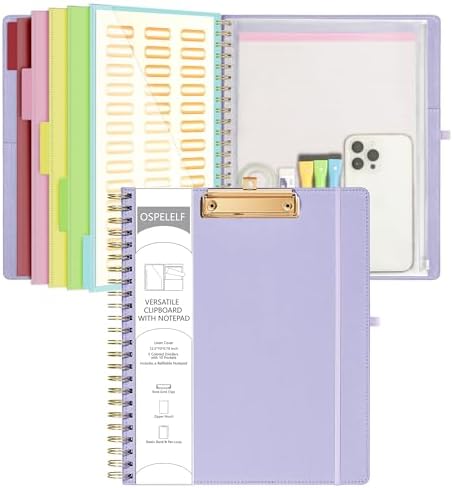 Ospelelf Foldable Spiral Clipboard Folio with Storage Zipper Pouch, 5 Plastic Folders with 10 Pockets, Refillable Lined Notepad (11" x 8.5"), Linen Hardcover Project Organizer (Light Purple) by OspelelfOfficeSupplies