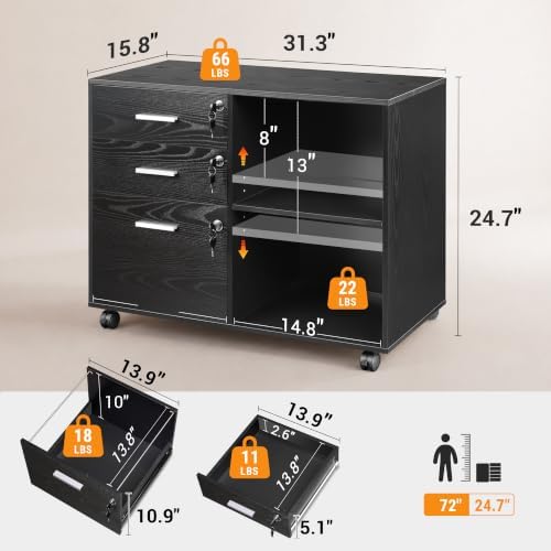 DEVAISE 3-Drawer File Cabinet with Lock, Mobile Wood Filing Cabinet, Black - Image 2
