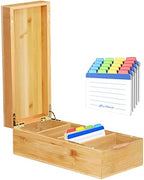 Neando Bamboo Business Card Organizer for 2x3.5 Cards – 600-Card Capacity Wooden Holder with Lid, 4 Compartments, Includes 20 Thick Index Cards – Natural Mini Card Filing Box by Neando