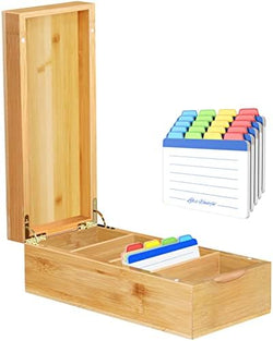 Neando Bamboo Business Card Organizer for 2x3.5 Cards – 600-Card Capacity Wooden Holder with Lid, 4 Compartments, Includes 20 Thick Index Cards – Natural Mini Card Filing Box by Neando