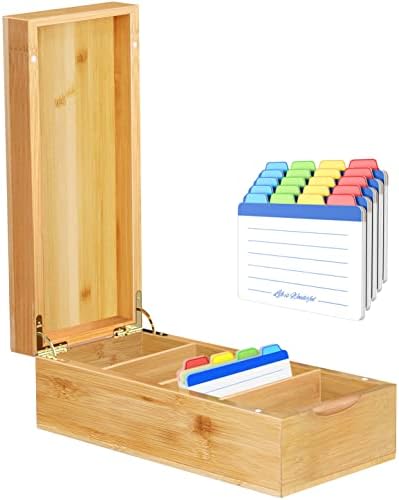 Neando Bamboo Business Card Organizer for 2x3.5 Cards – 600-Card Capacity Wooden Holder with Lid, 4 Compartments, Includes 20 Thick Index Cards – Natural Mini Card Filing Box by Neando