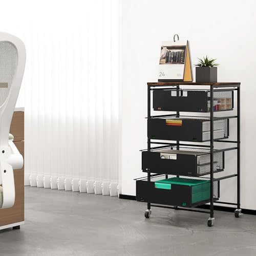 EasyPAG Rolling Storage Cart with 4 Drawers, Under Desk File Cabinet on Lockable Wheels, Moviable Hanging File Folder Organizer with Wooden Printer Stand for Home Office - Image 7