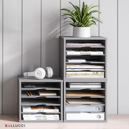 Ballucci 5-Tier File Organizer for Desk, Wooden Mail Sorter, Office Desk Organization, Paper Storage Organizers, Folder Holder for Desk, Letter Trays & Stacking Supports, Gray (Pack of 2) - Image 3