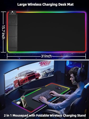 XXL Mouse Pad with Phone Holder - Black, RGB Desk Mat with 15W Fast Charging, LED Gaming Mousepad with 11 Light Colors, Waterproof Non-Slip Pad for Office & Home (Black with PD Adapter) - Image 2