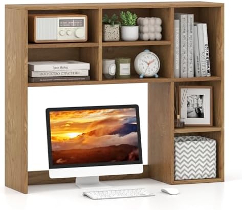 GOFLAME 7 Cubes Desktop Bookshelf, 37” Desk Organizer Shelf with 3 Adjustable Shelves, 3-Tier Wood Countertop Display Rack, Multipurpose Tabletop Desk Hutch for Dorm, Home Office, Natural by GOFLAME