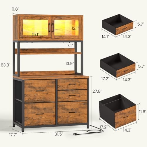 SEDETA 5 Fabric Drawer File Cabinet with Power Strip, 31.5" Filing Cabinet fits Legal, Letter, A4 Size File for Home Office with Printer Stand, LED Lights and Storage Shelf (Rusti Brown, Tall) - Image 2