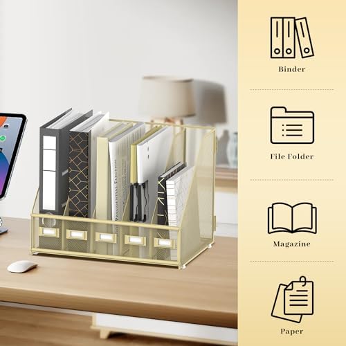 SUPEASY Desk Organizers Metal Desk Magazine File Holder with 5 Vertical Compartments Rack File Organizer for Office Desktop, Classroom, Home Workspace, Golden Yellow, Plus - Image 6