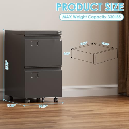 Aobabo 2 Drawer Rolling Metal File Cabinet with Lock, 5 Wheels, Black - Image 3