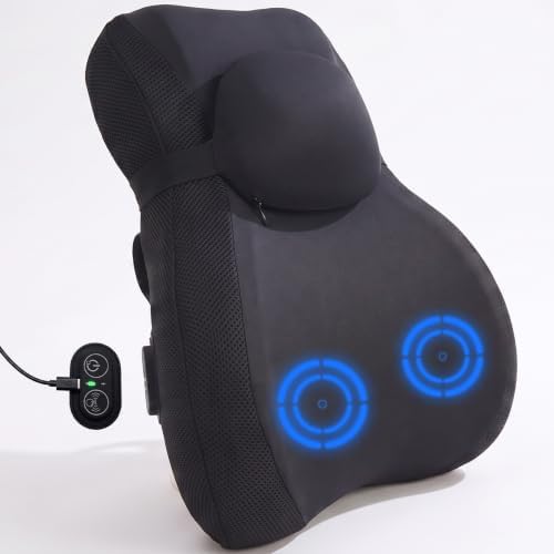 Lumbar Support Pillow with Vibration Massage for Office Chair, Ergonomic Memory Foam Back Support Cushion with Adjustable Strap for Computer Gaming Chair, Navy Blue-Black by OrcalicRoomFurniture