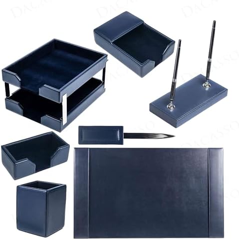 Dacasso Navy Blue Bonded Leather Luxury 9-Piece Desk Set - Blotter Pad & Desk Organization Essentials - Executive Decor and Surface Protector - Image 3