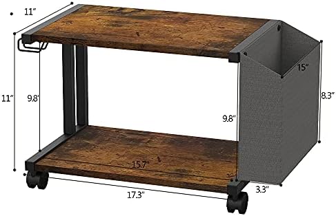 VEDECASA 2 Tier Rustic Brown Wooden Under Desk Printer Stand with Storage Bag for Home Office Desktop Printer Table Organizer Mobile Printer Shelf Cart with Caster Wheel - Image 3