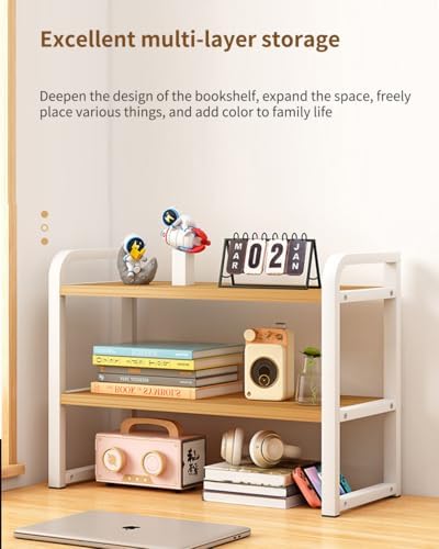 Office Desk Shelf Organizer, Wood Desktop Bookshelf Supplies Storage Rack, Shelf for Top of Desk and Dresser and Cubicle Decor Aesthetic Bookshelf (White Wood-Two Tier) - Image 7
