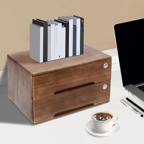 Wooden Desk Organizer with Drawers & Lock, Desktop Countertop Storage Cabinet Lockable Home Office Supplies File Tabletop Organizing Unit (2 Drawer - Retro Walnut) - Image 5