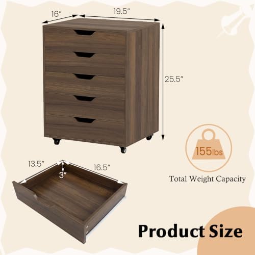 Byroce 5-Drawer Storage Cabinet with Wheels, Mobile Office Cabinet, Walnut - Image 3