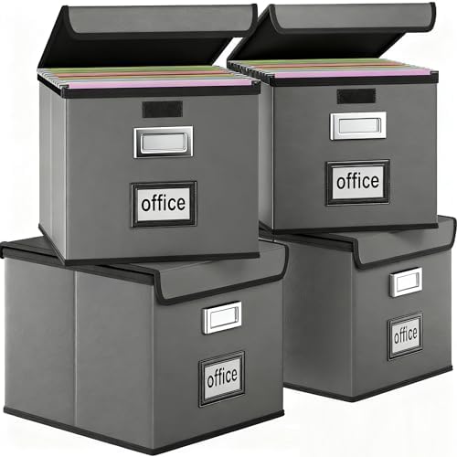Foldable File Organizer Box with Lids (4 Pack, Dark Gray, Leather) by Huolewa