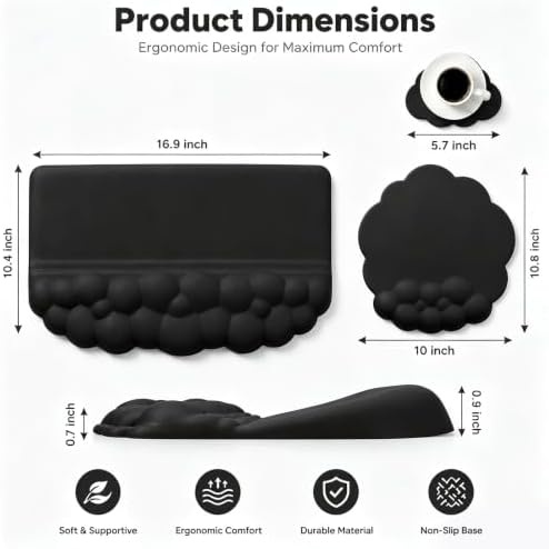 Cloud Keyboard Wrist Rest Set, 3 in 1 Ergonomic Memory Foam Keyboard Stand Pad with Mouse Wrist Support & Cup Holder, Anti-Slip Desk Cushion for Office Gaming Typing Pain Relief,Black - Image 7