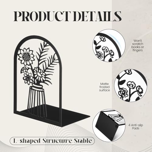 Feifeiya 6 Pairs Decorative Book Ends Metal Bookends for Shelves Black Metal Heavy Duty Book Ends Holder Supports Stoppers for Home Office School, 6.9x4.9x3.5”(Vase) - Image 3