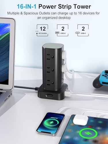 15FT Power Strip Tower Surge Protector, 12 Wide Spaced Outlets, 4 USB - Image 2