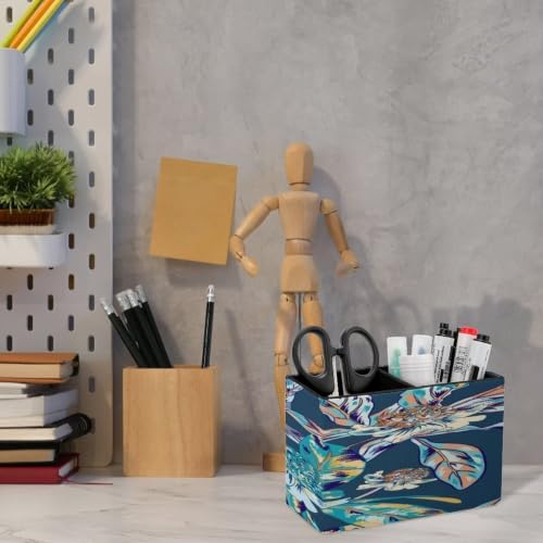 PU Leather Multi-Compartment Pen Holder Desktop Organizer Pencil Cup Storage Caddy for Office Home Supplies Blue Vintage Vector Pattern Blue Background - Image 6