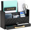 Mind Reader 5-Compartment Desktop Organizer, Rustic Wooden Storage Rack with Drawer for Papers, Accessories, and Office Supplies, 12.5" L x 4.25" W x 7.5" H, Black by MindReader