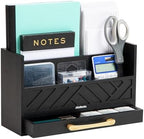 Mind Reader 5-Compartment Desktop Organizer, Rustic Wooden Storage Rack with Drawer for Papers, Accessories, and Office Supplies, 12.5" L x 4.25" W x 7.5" H, Black by MindReader