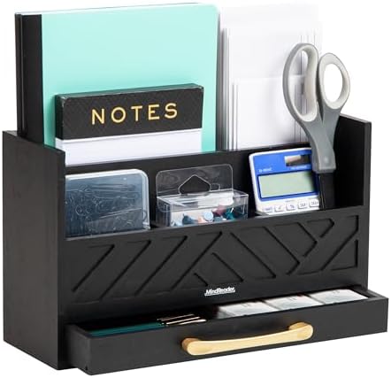 Mind Reader 5-Compartment Desktop Organizer, Rustic Wooden Storage Rack with Drawer for Papers, Accessories, and Office Supplies, 12.5" L x 4.25" W x 7.5" H, Black by MindReader