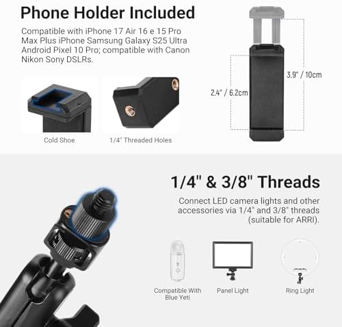 NEEWER Basics Magic Arm Table Stand, 55 cm Microphone Arm Overhead Mobile Phone Holder Desk with 1/4" 3/8" Threads for ARRI, for DSLR Action Cam Webcam Mic LED Light for Video Reinforcement, UA061 - Image 7