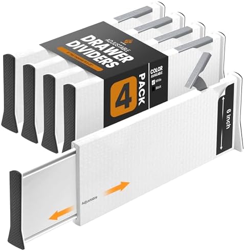 RAPTUROUS White Expandable Drawer Dividers (6" Tall, 13"-22" Long, 4 Pack - White) by Rapturous