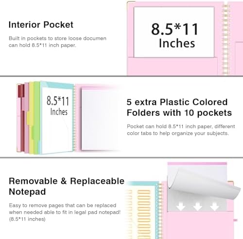 Ospelelf Clipboard with Storage 8.5 X 11，Padfolio Organizer, Spiral Portfolio Letter Size with Notepad, Pen Holder, 5 Extra Folder Divider Pages, Elastic Closure Nurse Office Essentials Baby Pink - Image 3