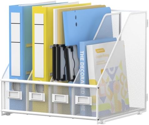 4 Vertical Compartments Magazine File Holder, Metal Binder Organizer, White by JMHUD