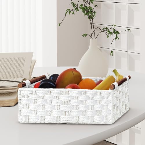 Vagusicc Wicker Storage Basket, Set of 2 Hand-Woven Paper Rope Wicker Basket for Organizing with Handle Decorative Storage Bins for Counter Pantry Shelves Toilet Paper Basket for Toilet Tank Top,White - Image 2