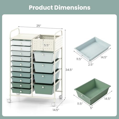 Giantex 14 Drawer Storage Cart, Rolling Craft Cart with Metal Tabletop & Pegboard, Mobile Utility Organizer Trolley with Locking Wheels, Home Office, Green Gradient - Image 3