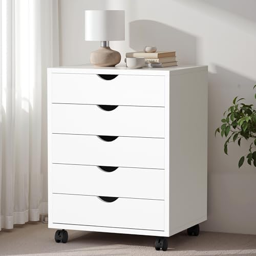 5 Drawer Chest, Storage Cabinet Dressers with Wheels, Dressers Storage Cabinets, Dresser Mobile Cabinet with Wheels, Room Organizer, Drawers Wood Organization Furniture for Office, Home, White - Image 6