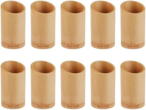 BambooMN Bamboo Kitchen Utensil Holder for Countertop, Utensil Crock for Cooking Utensils - 7" x 4" - Carbonized Brown - 10 Pieces by BambooMN