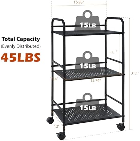 SunnyPoint 3-Tier Rolling Utility Cart – Metal Storage Organizer with Wheels, Mobile Kitchen Cart, Office & Home Organizer, Black, 12" D x 16.92" W x 31.1" H - Image 6