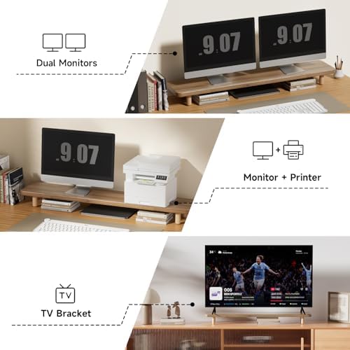 Dual Monitor Stand Riser, 39 Inch Extra Long Wooden Desktop Monitor Riser with Storage for 2 Monitors Ultra Strong Desk Shelf Organizer Riser Ergonomic for 2 Screens/Laptop/PC/TV/Printer -Light Walnut - Image 6