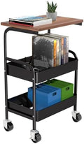 Rolling Cart with Wooden Tabletop, 3 Tier Metal Utility Cart, Rolling Storage Organizer Cart with Lockable Wheels for Kitchen, Office, Bedroom (Black) by HIDODO