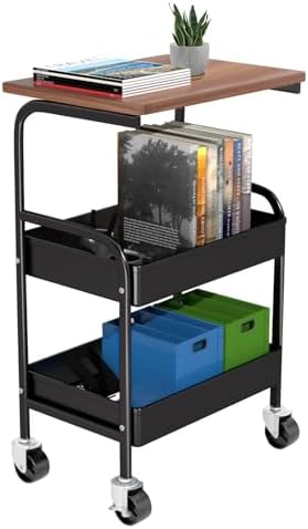 Rolling Cart with Wooden Tabletop, 3 Tier Metal Utility Cart, Rolling Storage Organizer Cart with Lockable Wheels for Kitchen, Office, Bedroom (Black) by HIDODO